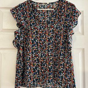 GAP Lightweight Floral Blouse with Ruffle Sleeve, Size Medium